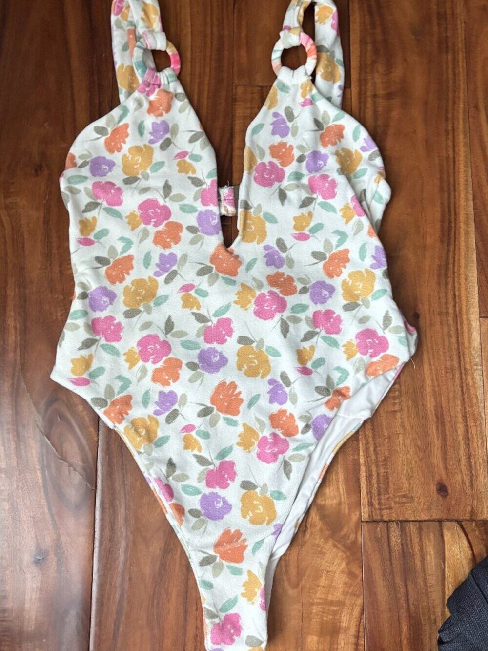 For Love & Lemons Floral Terry One-Piece Swimsuit - O-Ring Cutout - Size M
